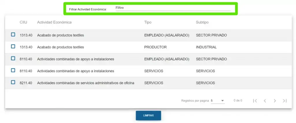 elegir actividad económica para solicitar el NIT