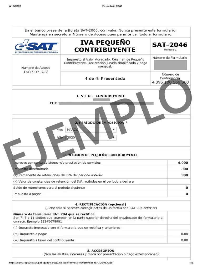 ejemplo formulario SAT-2046 IVA Pequeño Contribuyente SAT Guatemala en línea