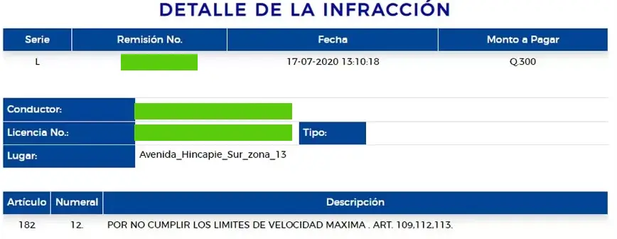 detalle Multas de Tránsito EMETRA en línea consultada para pagar